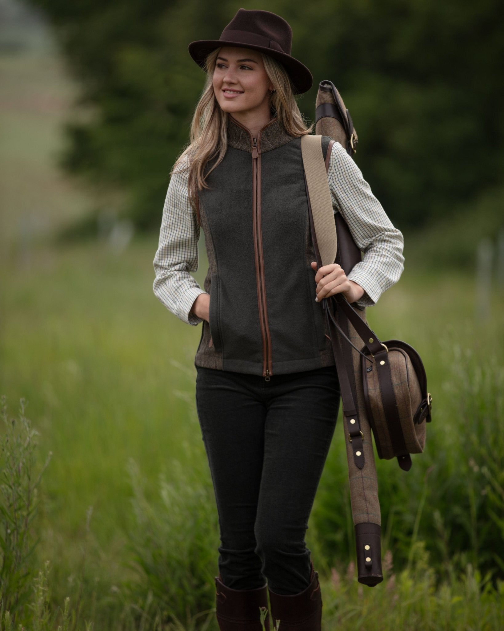 Gunner and Hound Fleeces & Quilted Gilets Gunner and Hound Women's Tweed Gilet Forest Green