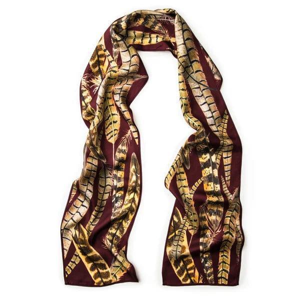 BHOID Scarves BHOID Feathers Skinny Silver Iris Burgundy Silk Scarf - 160x18cm