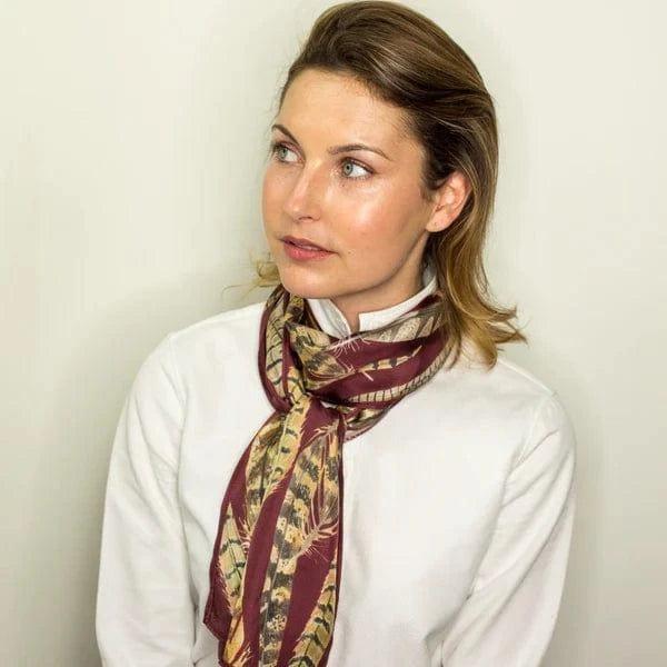 BHOID Scarves BHOID Feathers Skinny Silver Iris Burgundy Silk Scarf - 160x18cm