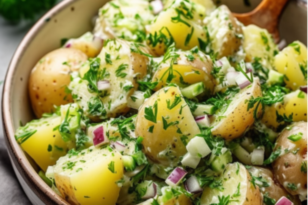 Creamy potato salad with bacon and egg